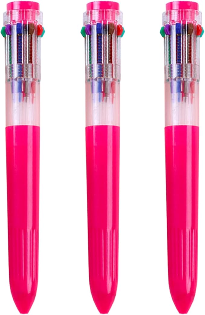 HeTaoCat Multicolor Pens 3 Pack 0.5mm 10-in-1 Retractable Ballpoint Pens - 10 Colors Transparent Barrel Ballpoint Pen for Office Supplies (Red)