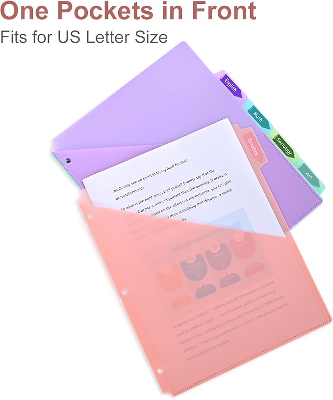 5 Tabs Dividers with One Pockets for 3 Ring Binder, 5 Counts Binder Dividers for US Letter Size, Binder Dividers with Tabs for School Office and Home Organization, 5 Pastel Color (6)