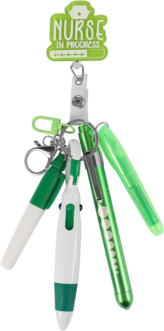 Student Nurse Pen Set Badge Reel Holder Accessories Clip, Retractable Mini Nursing Pen & Light Tool Set， Highlighter pens and Highlighter pens（Green）