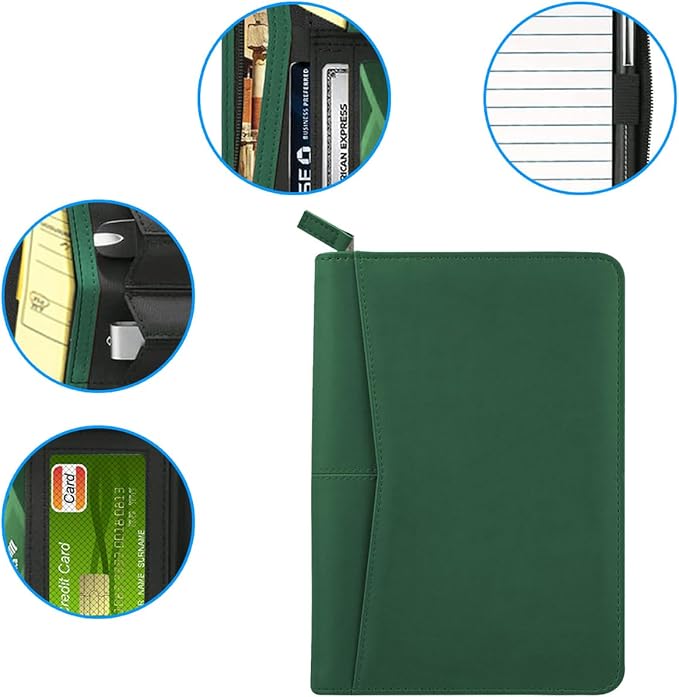 Junior Padfolio Portfolio with 5 x 8 Writing Pad, A5 Business Portfolio Binder Folder Organizer Multi-Function Combination Case for Men Women, Dark Green