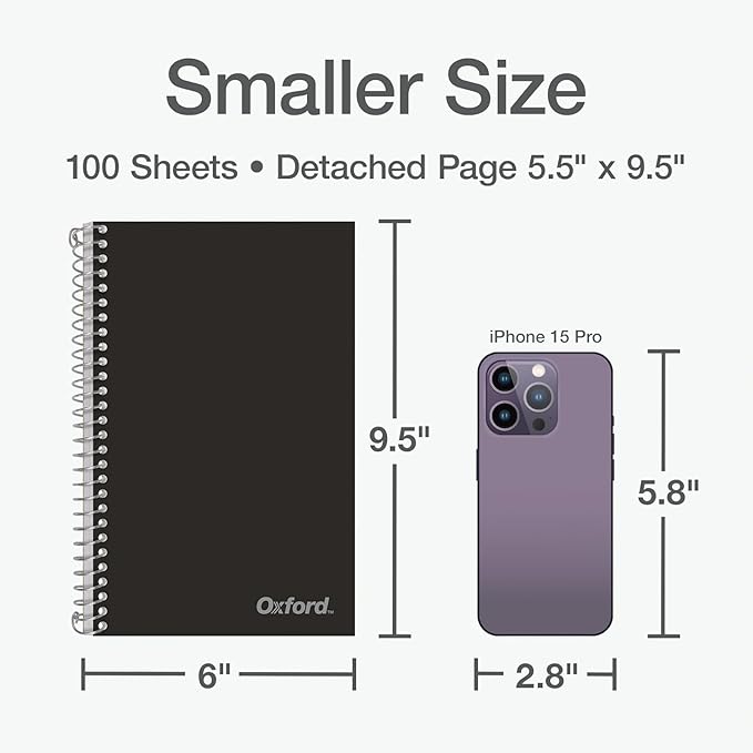 Oxford Two Subject Notebooks College Ruled, Spiral Notebook 6x9 1/2" 100 Sheets, 12 Pack of College Ruled Notebook With Pockets, Poly Cover, Red, White, and Black Notebook (Pack of 12)