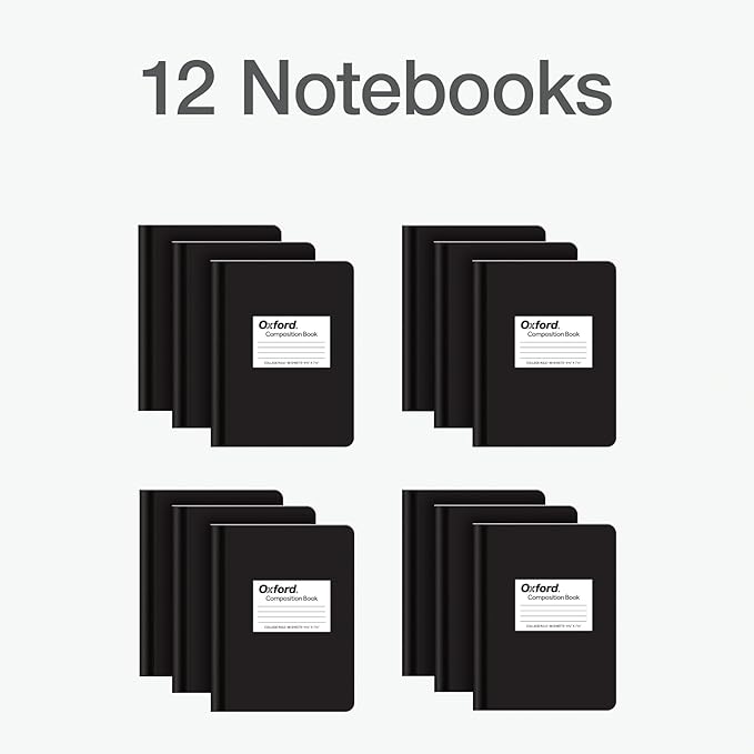 Oxford Composition Notebook 12 Pack, School Supplies, Notebooks for School, Writing Journals, College Ruled Paper, Note Taking Book, 7.5 x 9.75 Inches, 80 Sheets, Black Covers (63945)