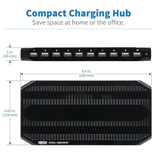 Eaton Tripp Lite Series USB Charging Station for Multiple Devices, 10-Port Portable Multi USB Device Dock with Storage Slots for Phone Apple iPhone Tablet iPad & Laptops, 2.4A Per Port (U280-010-ST)