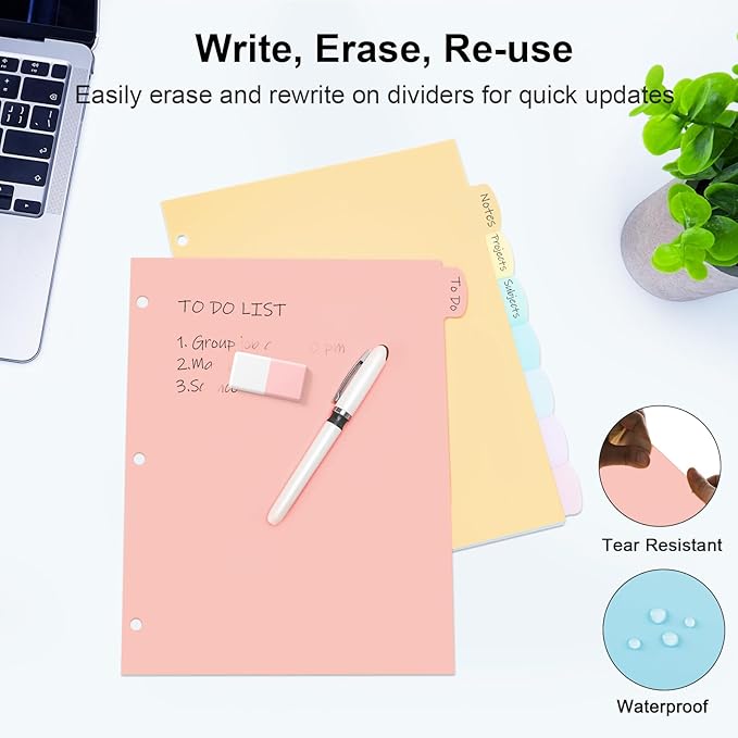 48 Count/6 Sets Write & Erase Binder Dividers with Tabs, Plastic 8 Tab Dividers for 3 Ring Binder Letter Size, Separators for Student School Home Office Document Organizer, Pastel