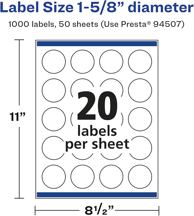 Avery Glossy White Round Labels, Sure Feed Technology, 1-5/8" Diameter, 1,000 Glossy White Labels, Print-to-The-Edge, Permanent Adhesive, Laser/Inkjet Printable