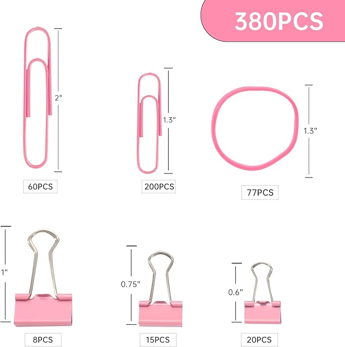 Pink Binder Clips Paper Clips,380 PCS Assorted Sizes Paperclips Paper Clamps Rubber Bands for Files, Papers, Home Supplies (Pink)