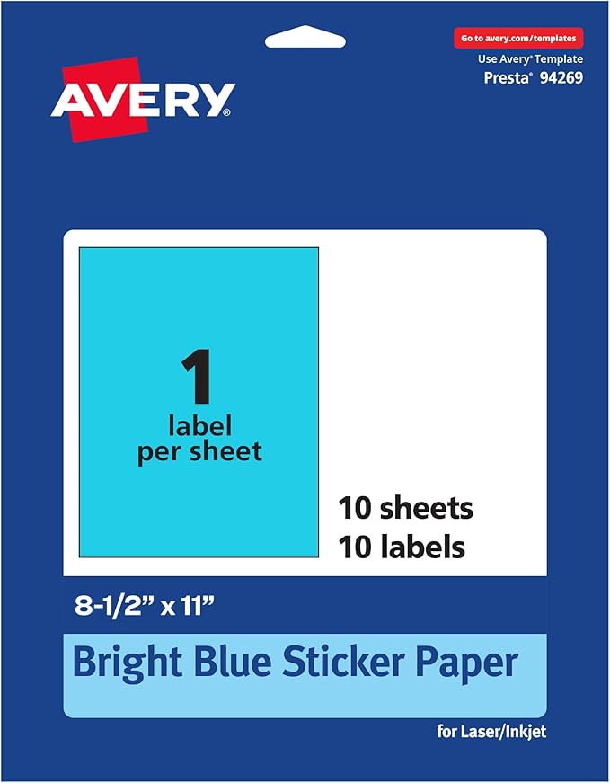 Avery Printable Sticker Paper, 8-1/2" x 11", Full-Sheet Labels, Bright Blue Labels, Laser/Inkjet Printable, 10 Total, Great for Packaging and Stickers
