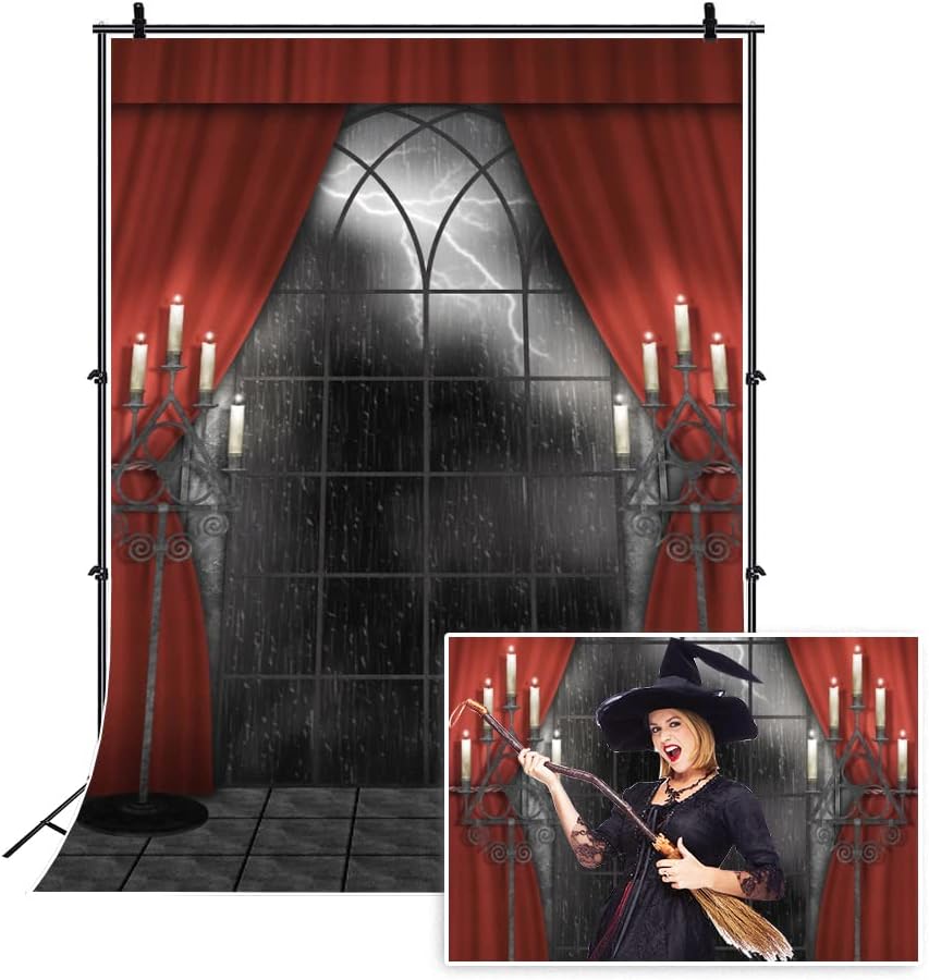 Renaiss 7x10ft Vintage Gothic Window Backdrop Red Curtain Candlestick Black Floor Lightning Stormy Sky Vampire Medieval Castle Photography Background Halloween Dress Up Party Decors Photo Booth Props