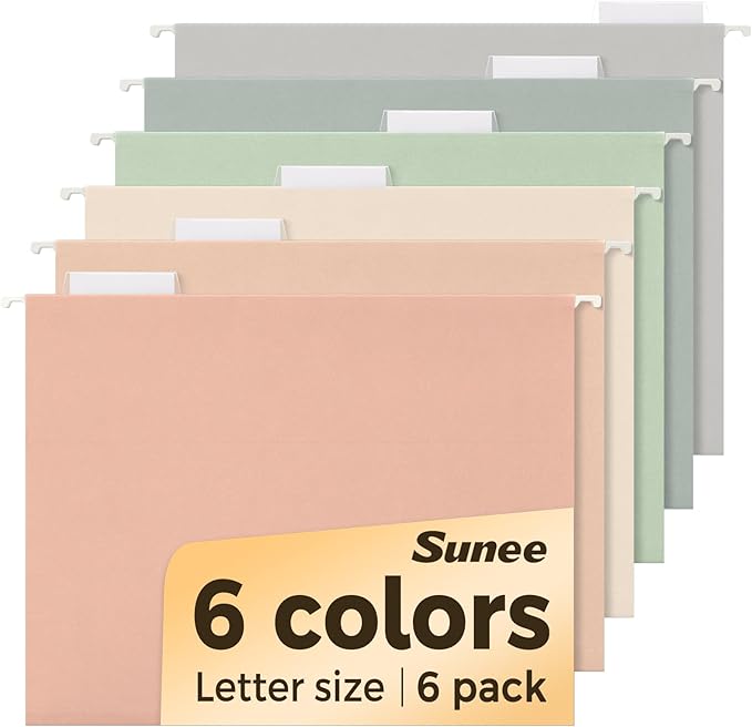 SUNEE Hanging File Folders, 6 Pack Letter Size Hanging File Folders with 1/5-Cut Tabs, Ideal for Home and Office Organization and Papers Classification,Morandi Colors