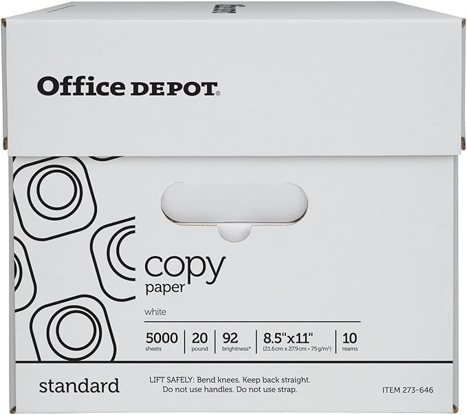 Office Depot White Copy Paper, 8 1/2in. x 11in., 20 Lb, 500 Sheets Per Ream, Case Of 10 Reams, 40402786