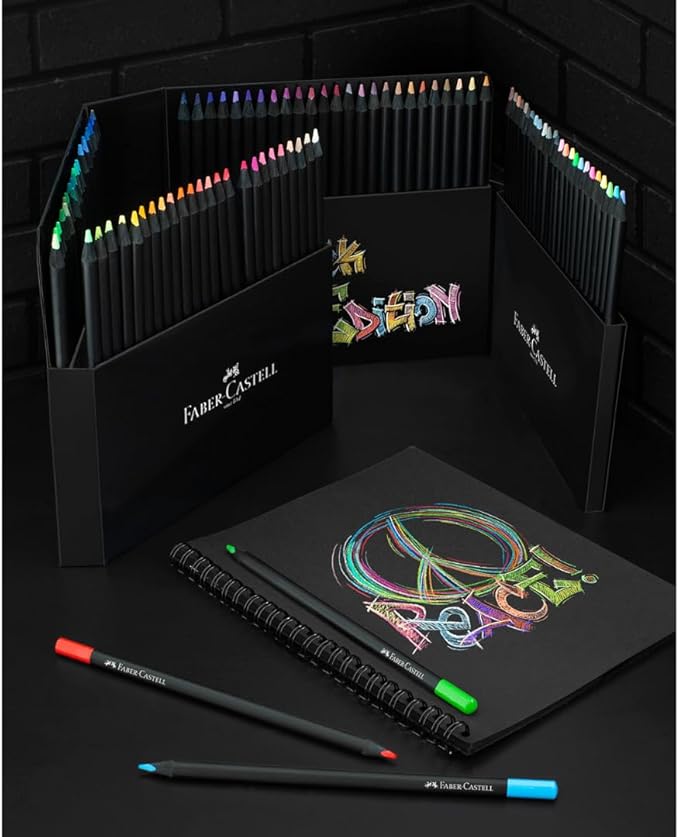 Faber-Castell Black Edition Colored Pencils Set: Soft Core Pencils with Bold Pigment and Smooth Laydown, Break-Resistant Leads, Ergonomic Grip, and Foldable Storage Sleeve (100 Count)