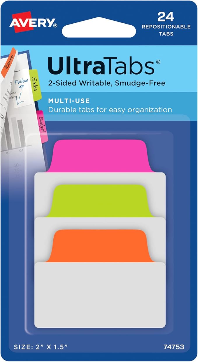 Avery Multiuse Ultra Tabs, 2" x 1.5", 2-Side Writable, Neon Pink/Green/Orange, 24 Repositionable Tabs (74753)