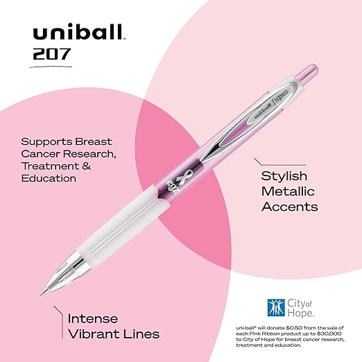 uniball 207 Pink Ribbon Retractable Gel Pens, Medium Point (0.7mm), Black, 12 Pack