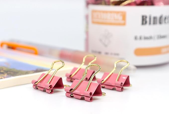 Pink Binder Clips, Gold Handles Mini Paper Clip, Small Paper Clamps 15mm (5/8 inch), 100 Pack Micro Size Office Clips for Home School and Business