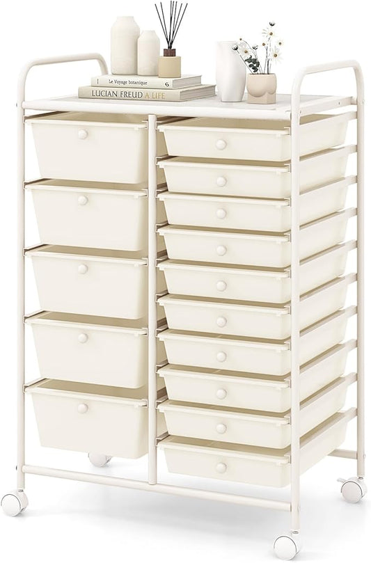 COSTWAY 15-Drawer Rolling Storage Cart, Mobile Utility Cart with Heavy-duty Frame & Lockable Wheels, Multipurpose Storage Organizer Cart for Tools, Paper, Drawer Cart for Home, Office, School, White