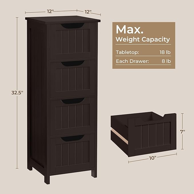 Yaheetech Bathroom Floor Cabinet, Wooden Side Storage Organizer, 4 Drawers Free-Standing Cabinet for Bathroom/Hallway/Living Room, Espresso