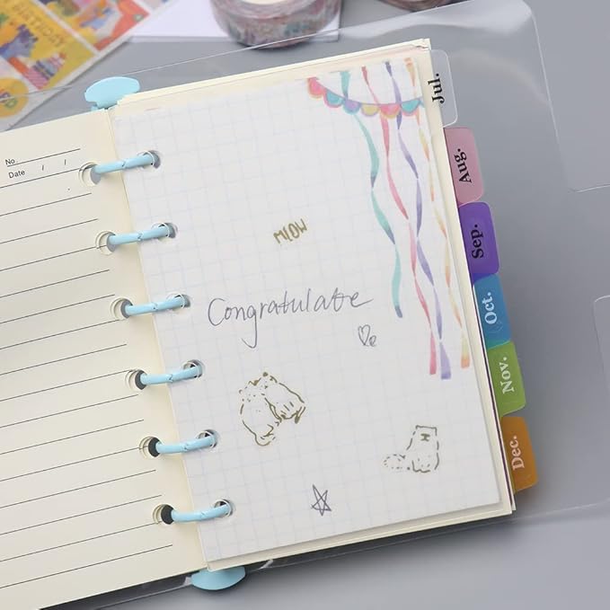 2 Pack A7 Binder Dividers 6 Tabs Bright Color Plastic Binder Index Tabs Planner Divider for Round Ring Binder Sheet Protector (Transparent, 12 Dividers)