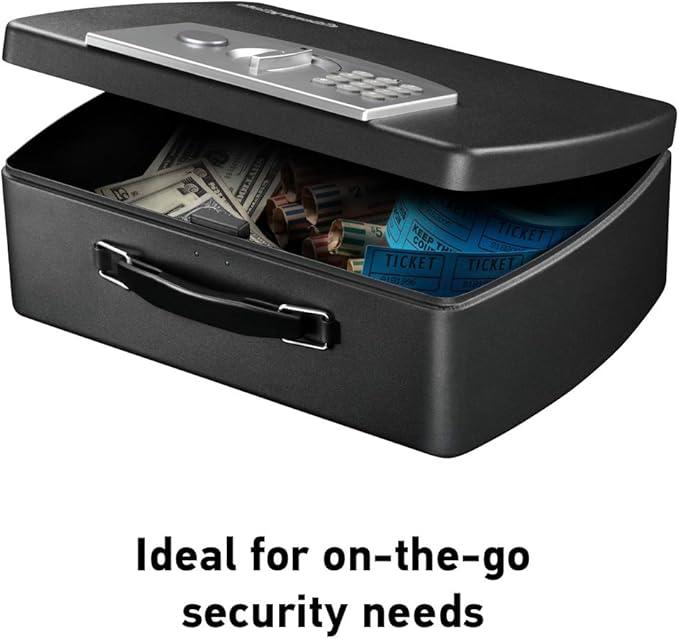 SentrySafe Portable Black Safe Box with Digital Keypad Lock, Small Steel Travel Safe with Carrying Handle for Money, Passport, 0.21 Cubic Feet, 4.4 x 13 x 10 Inches, P021E