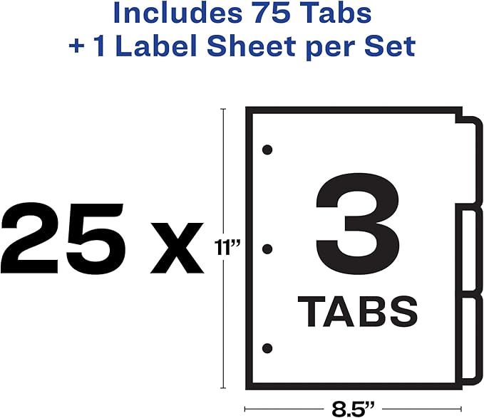 Avery 3-Tab Dividers for 3 Ring Binder, Easy Print & Apply Clear Label Strip, Index Maker Customizable White Tabs, 25 Sets (11445)