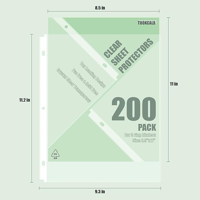 200 Pack Clear Sheet Protectors for 3 Ring Binder, Polypropylene Acid-Free Material, 8.5 x 11 Inch Letter Size, Protector of Your Documents