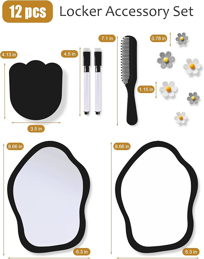 KEYDUACU 12 pcs Girls Locker Accessories, Locker Decorations Including Mirrors, whiteboards, Magnets and organizing Supplies. Ideal for Back-to-School Essentials and The Office (12 pcs-Black)