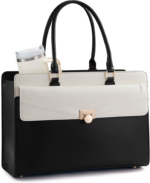 LOVEVOOK Laptop Tote Bag for Women - PU Leather Vintage Work Tote Bag,Waterproof Business Teacher Bag with Large Cup Holder