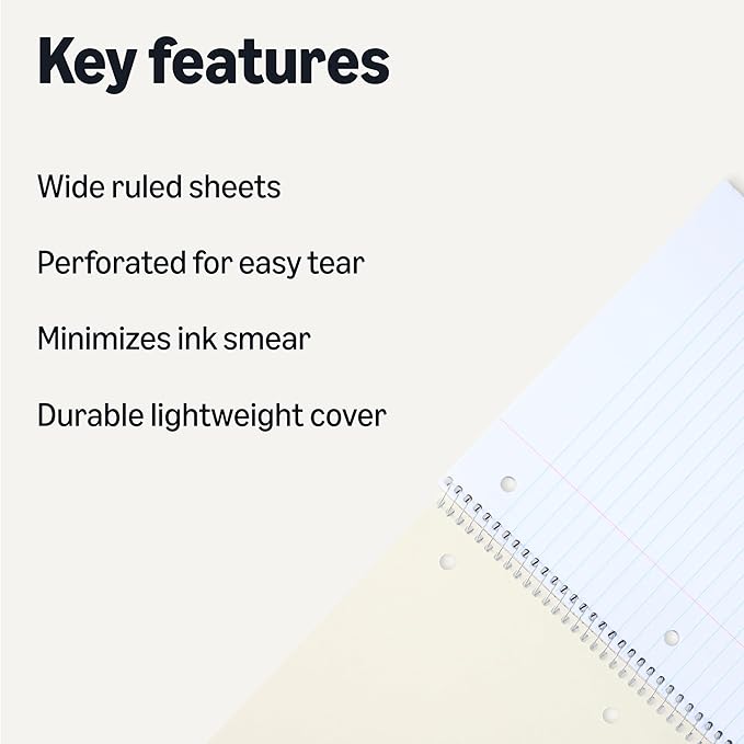 Amazon Basics Wide Ruled Spiral Notebook, For Work and School, 70 Sheets, 8" x 10.5", Assorted Solid Colors, 5 pack