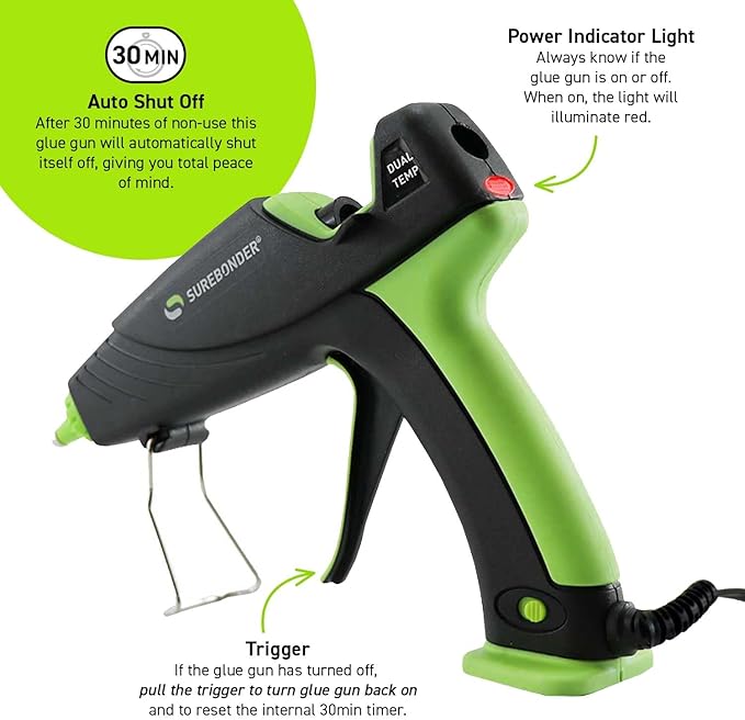 Surebonder Auto Shut Off Hot Glue Gun, Dual Temperature, Full Size, 1.5X Power of Full Size Glue Guns, Easy-Adjust Temp for Multiple Projects (Ultra Series DT-360F)