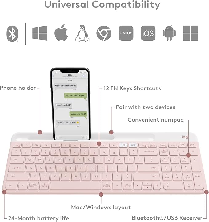 Logitech K585 Multi-Device Slim Wireless Keyboard, Built-in Cradle for Device; for Laptop, Tablet, Desktop, Smartphone, Win/Mac, Bluetooth/Receiver, Compact, Easy Switch, 24 Month Battery - Rose
