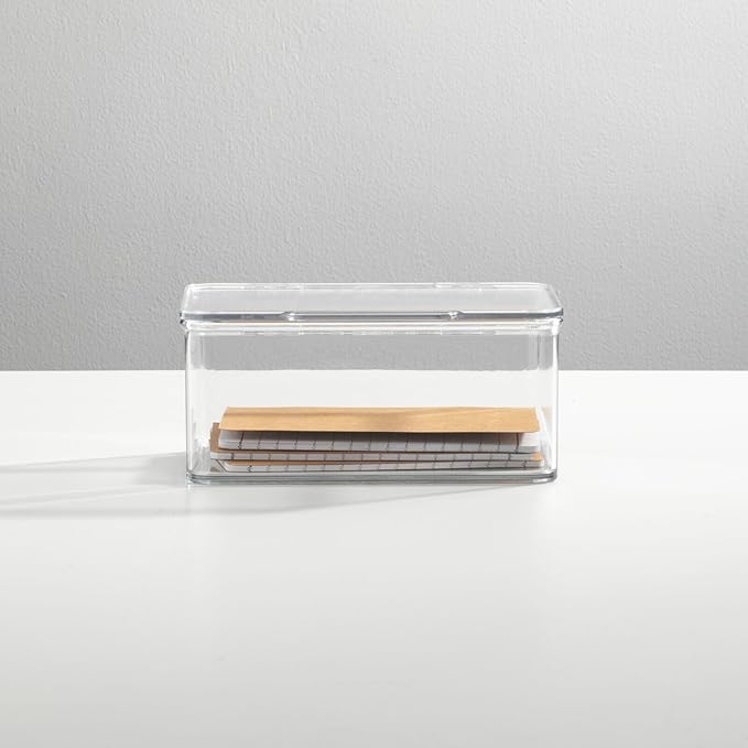 mDesign Small Plastic Home Office Storage Organizer Box Containers w/Hinged Lid for Desktops - Holds Pens, Pencils, Sticky Notes, Highlighters, Staples, Supplies - Lumiere Collection, Clear
