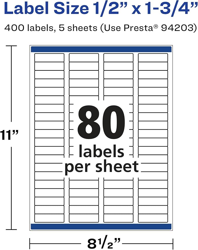 Avery Printable Durable White Rectangle Labels, Sure Feed Technology, 0.5" x 1.75", Waterproof Labels, Laser & Pigment-Based Inkjet Compatible, 400 Total