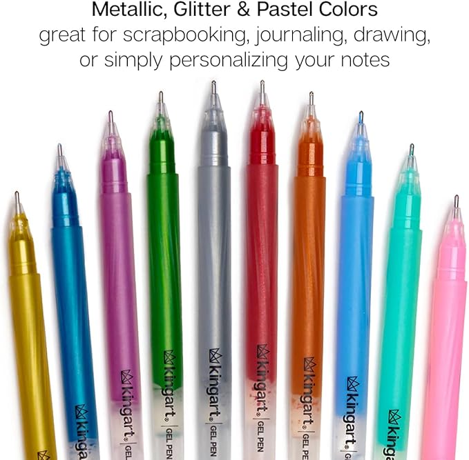 KINGART 24 Gel Pens Set: Glitter, Metallic & Pastel Colors for Adult Coloring Books, Journaling, Scrapbooking & DIY Crafts