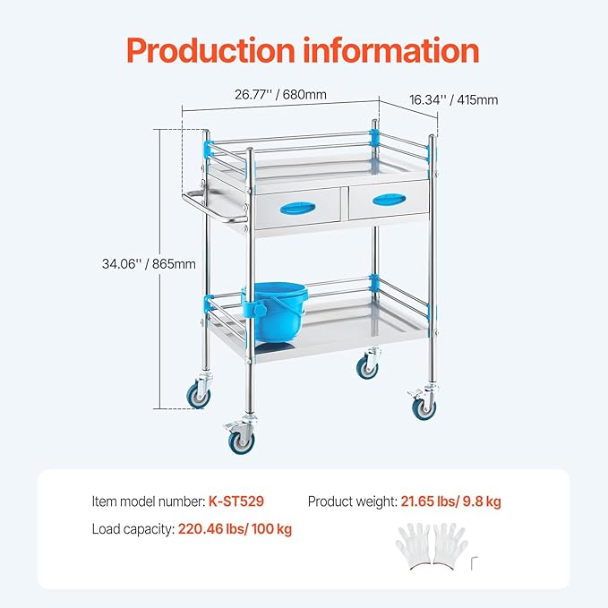 VEVOR Stainless Steel Utility Cart, 2 Layers with Two Lockable Wheels, Ideal for Laboratory, Hospital, Dental Use