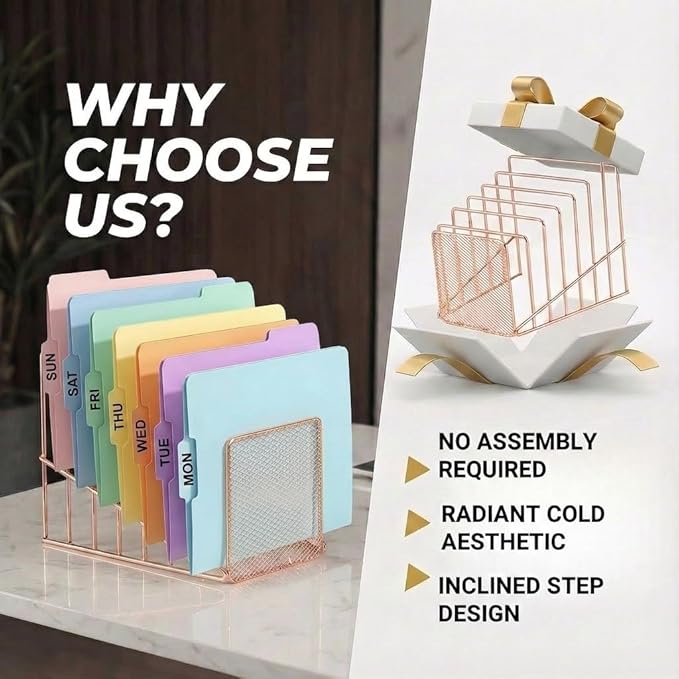Simmer Stone 2 Pcs Incline File Sorter, 7 Slot Magazine Holder for Letter, Document, Folder and Book, Metal Desktop Organizer Rack for Home, School and Office (2-rose gold)