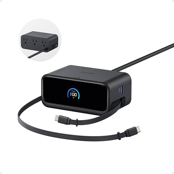Anker Nano Charging Station, 100W 7-in-1 Power Strip, 2.3ft InstaCord Retractable Cable, Gaming Desk Accessories for Multiple Devices, 3 AC, 3 USB C, 1 USB A, MacBook Charger, Home Office(Non-Battery)
