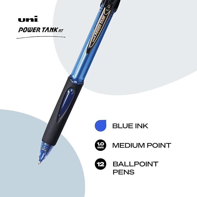 uniball Power Tank RT Ballpoint Pens, Medium Point (1.0mm), Blue, 12 Pack