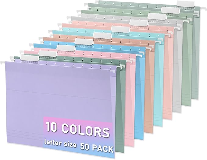 50pcs Hanging File Folders,Decorative Hanging Folder,Letter Size with 1/5-Cut Adjustable Tab Durable 10 Color Assorted for Filing Cabinet Drawer Desk Office Home