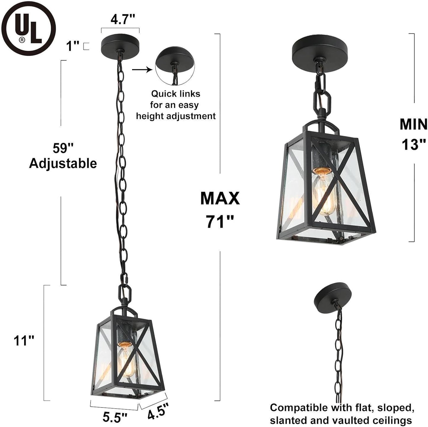 LOG BARN Outdoor Pendant Light Fixture, Farmhouse Exterior Lights, Anti-Rust Ceiling Outdoor Light with Seeded Glass, Lantern Hanging Light for Front Door, Entry, Porch, and Gazebo