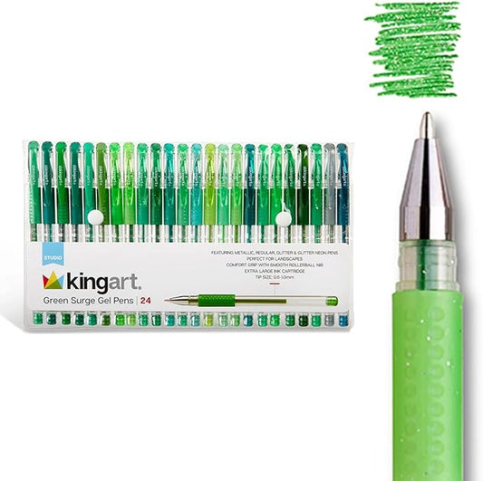 KINGART Green Tones Rollerball Gel Pens, Set of 24 Colors, XL Ink Cartridge - More Ink, All Ages, Writing, Coloring, Doodling, Scrapbooking, Journaling & More