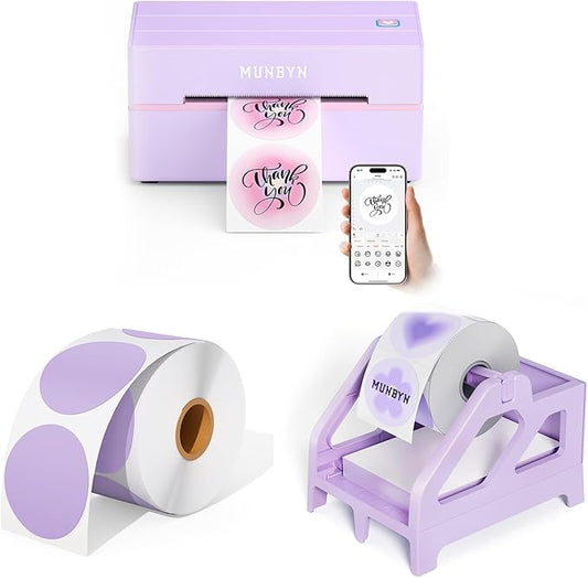 MUNBYN 130B Bluetooth Thermal Label Printer+2 Inch Lavender Purple Circle Thermal Sticker Labels+Purple Label Holder