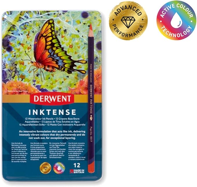 Derwent Drawing Pencils, Inktense, 4mm Core, Metal Tin, Watercolor, 12 Coun