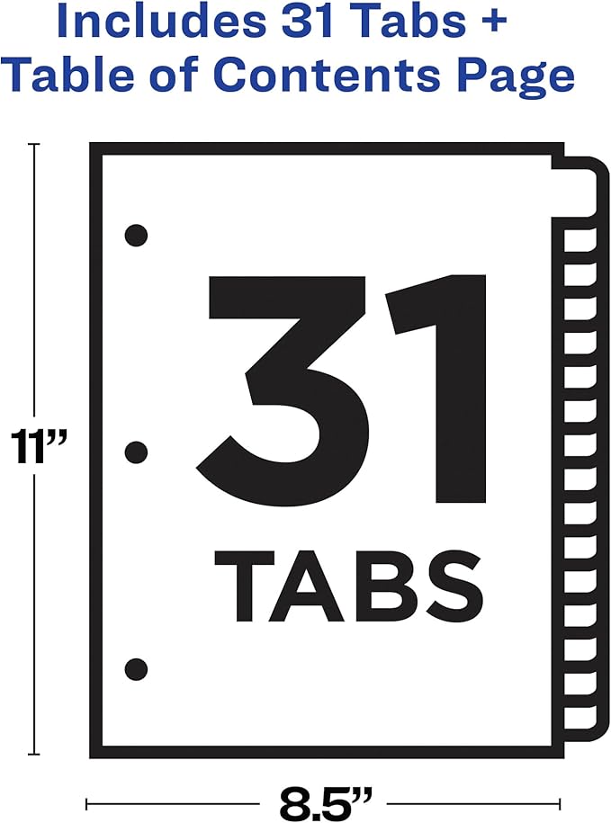 Avery 1-31 Dividers for 3 Ring Binders, 31 Tabs per Set, Customizable Table of Contents, Multicolor Arched Tabs, Great for Organizing Reports, Projects, and More (11846)
