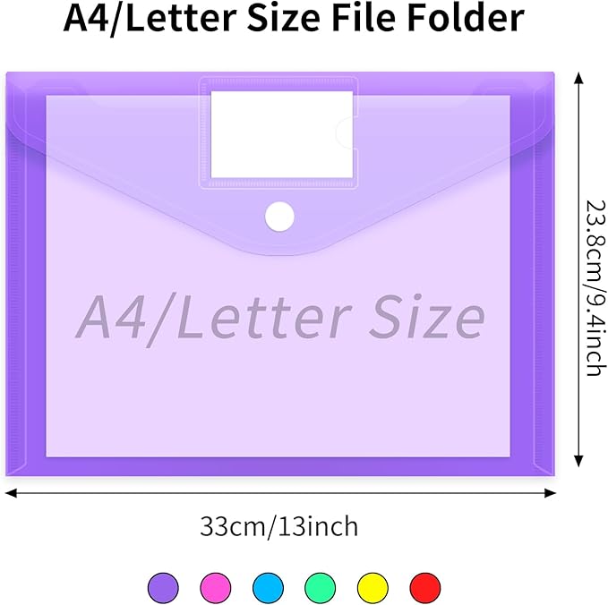 EOOUT 12pcs Plastic Envelopes Poly Envelopes, Hook & Loop Closure File Folders, A4 Size File Envelopes with Label Pocket for School and Office Supplies