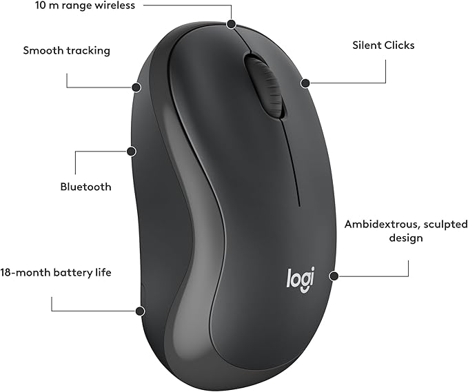 Logitech M240 Silent Bluetooth Mouse, Wireless, Compact, Portable, Smooth Tracking, 18-Month Battery, for Windows, macOS, ChromeOS, Compatible with PC, Mac, Laptop, Tablets - Graphite (Renewed)