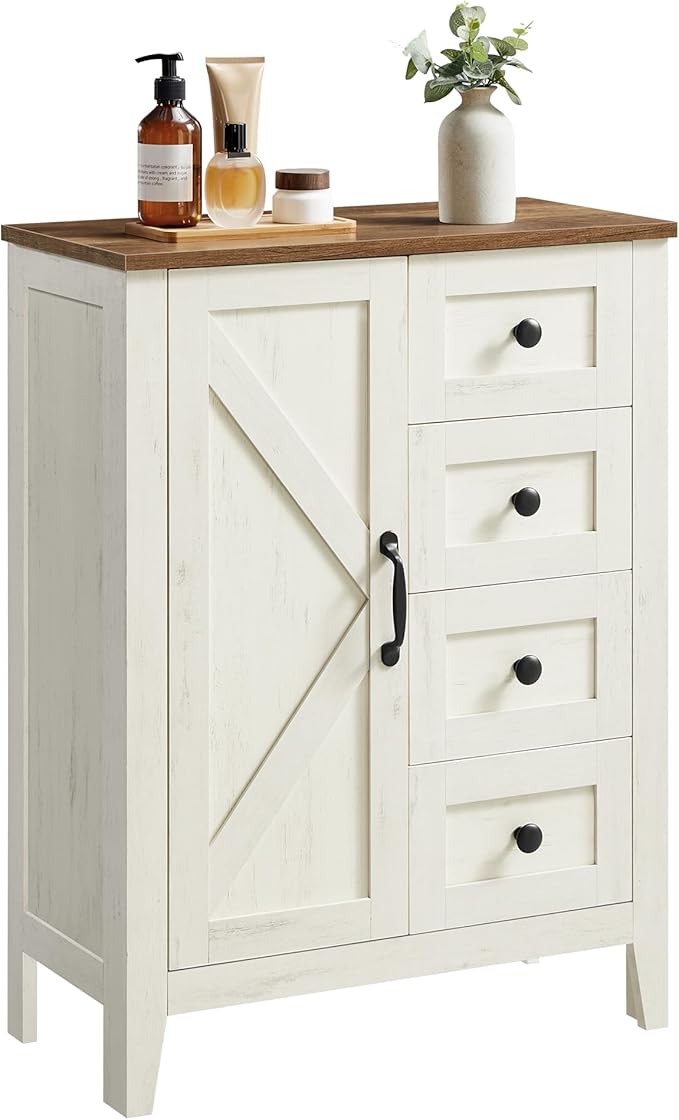 VASAGLE LIRY Collection - Storage Cabinet, Farmhouse Bathroom Floor Cabinet with 4 Drawers, Freestanding Storage Organizer, Barn Door, Adjustable Shelf, Rustic White, UBBK753W01