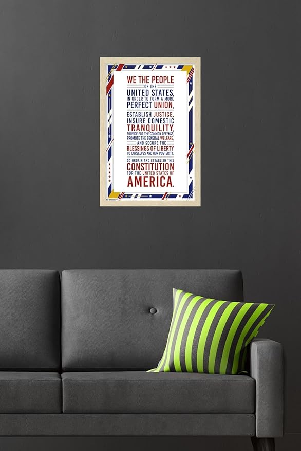 The United States Of America - Constitution Preamble Wall Poster, 22.4L" x 14.7W", Blonde Framed Version