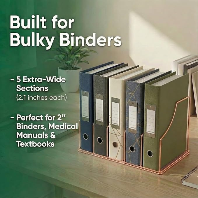 Simmer Stone Rose Gold Binder Organizer for Desk, 5 Slot Metal Wire Vertical File Sorter with Mesh Bottom, Desktop Magazine Holder Rack for 2 Inch Binders, Medical Coding Books, Vinyl Records, 12.1"
