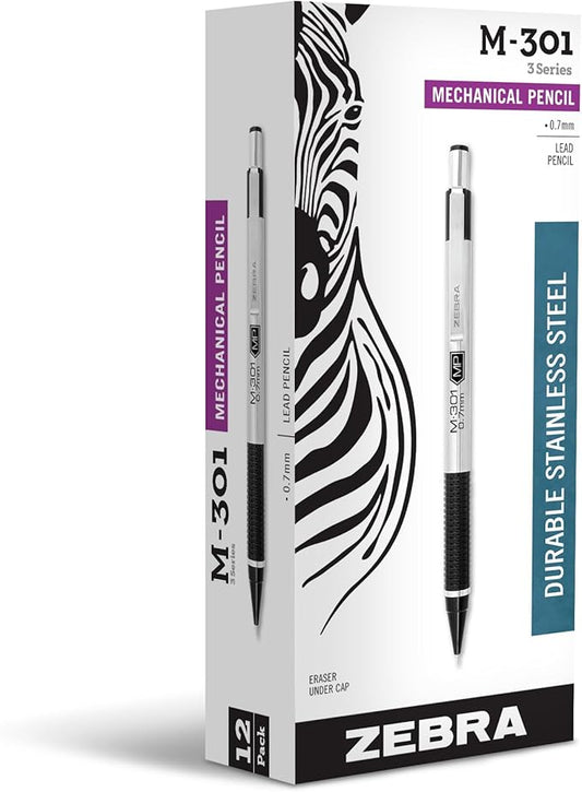 Zebra Pen, M-301 Mechanical Pencil, 0.7mm Point, Stainless Steel Barrel, Textured Grip, Smooth Writing Performance, Refillable, STEEL Series, 12-Count, (54310)