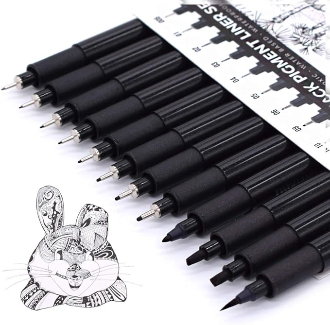 TWOHANDS Art Pens,Fineliner Ink Pens,Set of 12 Technical Drawing pen,Pigment Pen,Fine Point,Black,Waterproof,for Art Watercolor,Sketching,Anime,Manga, 902188