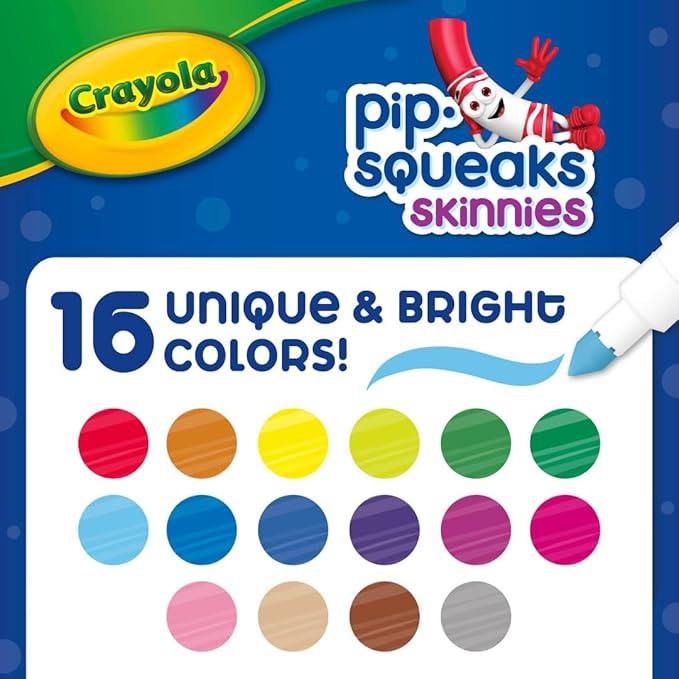 Crayola Pip Squeaks Skinnies Washable Marker Set (16ct), Essential Easter Basket Stuffers, Mini Markers for Toddlers, Thin Coloring Markers for Kids, Spring Crafts Supplies